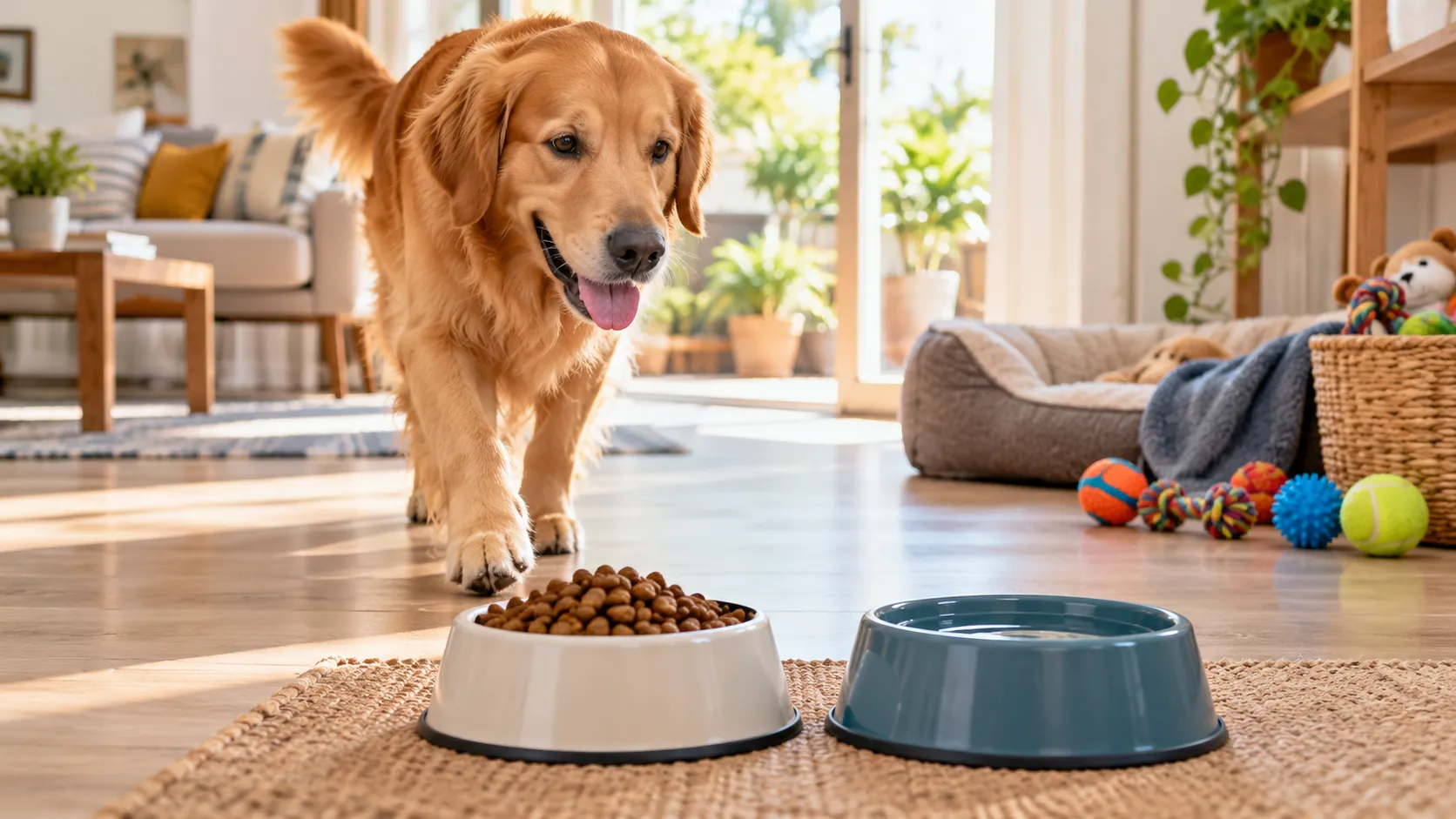 Golden retriever caminando hacia su plato de comida en el living de una casa
